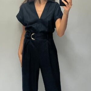 NWT Zara Dark Navy Belted Linen Blend Jumpsuit - Size XS